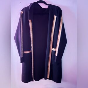 Woman’s Soft 100% wool hooded cardigan. With sparking gold sliver stripes. OS.